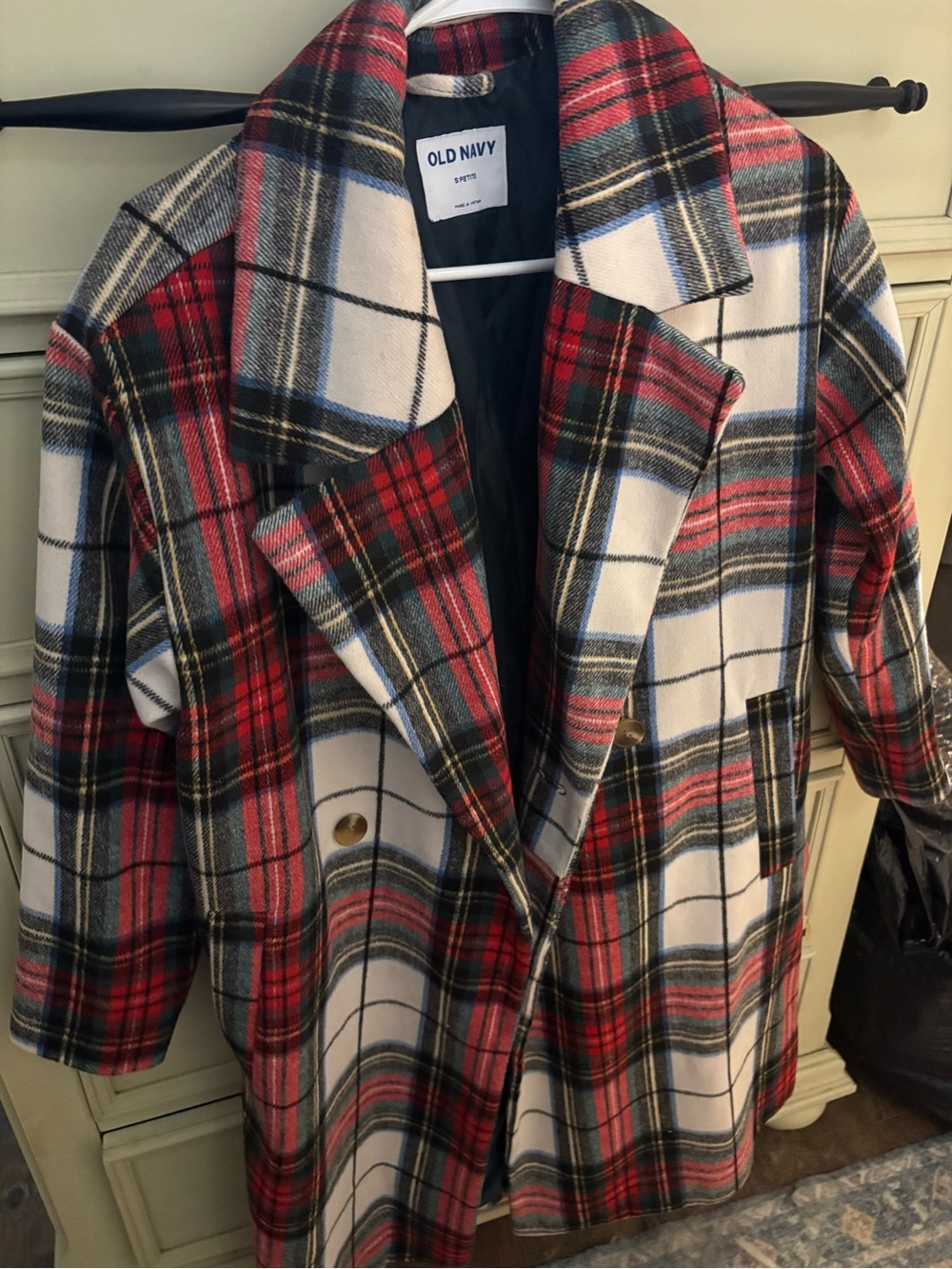 Old Navy Red Cream and Black Plaid Pea Coat